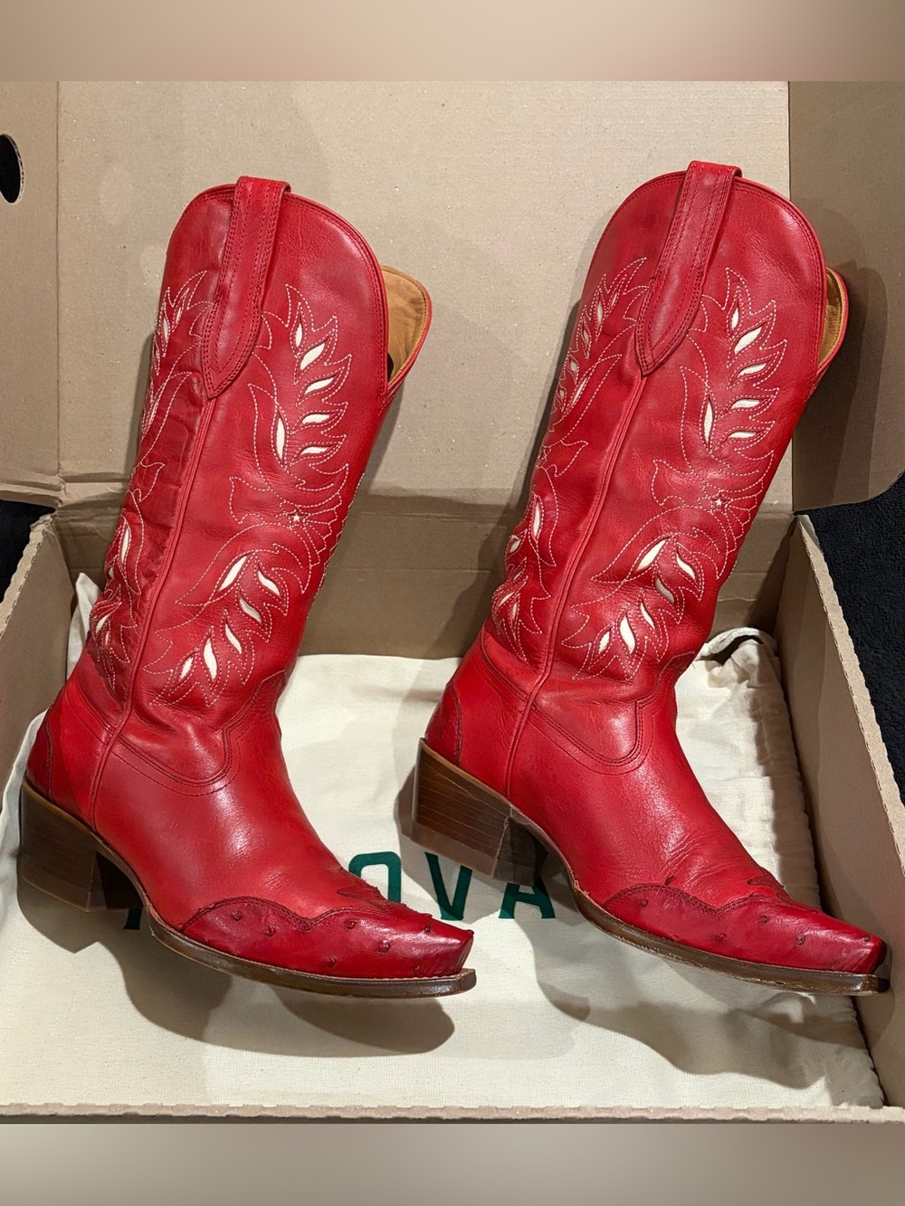 Tecovas Annie Eagles Red Cowhide and Ostrich Cowgirl Boots 7.5